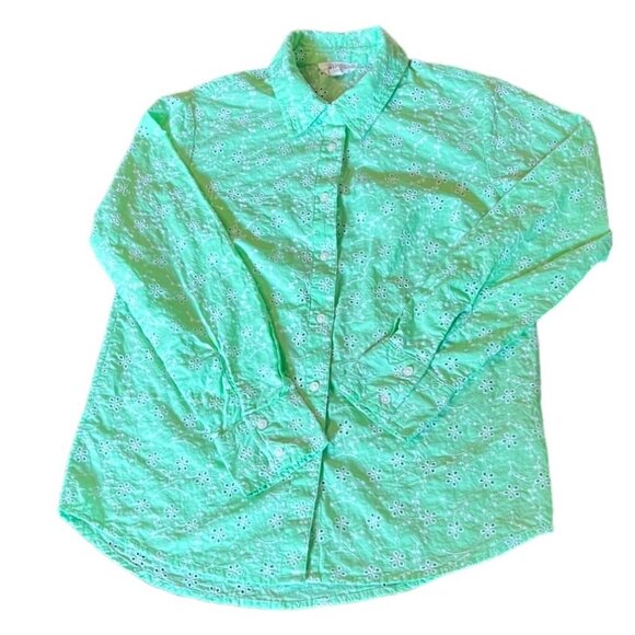 Candace Cameron Bure Green Cotton Eyelet Flowers Button Down Shirt Sz XXSP - Picture 3 of 10